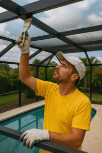 Man wearing yellow shirt painting a pool cage – 2H Rescreening Sarasota Bradenton